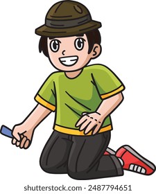 Camping Camper Boy Kneeling Cartoon Clipart