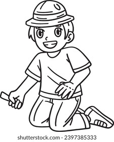 Camping Camper Boy Kneeling Isolated Coloring Page