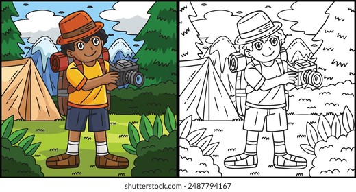 Camping Camper with a Camera Coloring Illustration