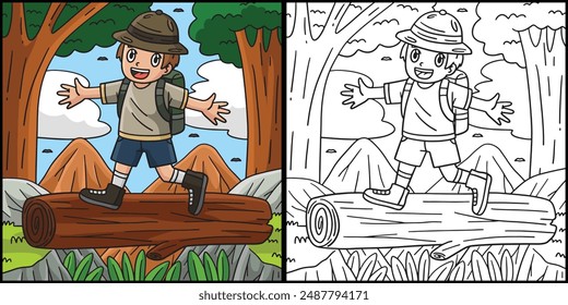 Camping Camper Crossing Log Bridge Illustration