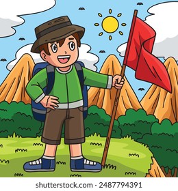 Camping Camper with a Flag Colored Cartoon 