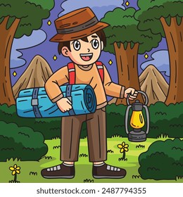 Camping Camper with a Sleeping Bag Colored Cartoon