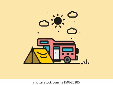 Camping with camper van line art illustration design