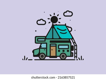 Camping with camper van line art illustration design