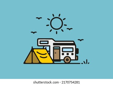 Camping with camper van line art illustration design