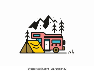 Camping with camper van line art illustration design