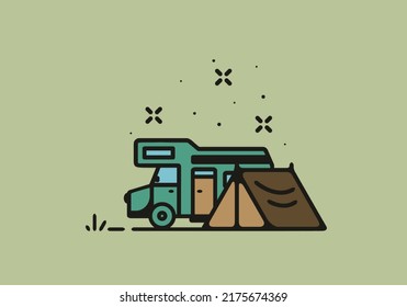 Camping with camper van line art illustration design