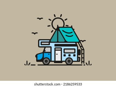 Camping with camper van line art illustration design