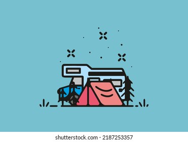 Camping with camper van line art illustration design