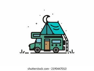 Camping with camper van line art illustration design