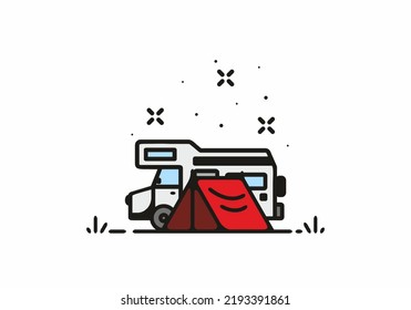 Camping with camper van line art illustration design