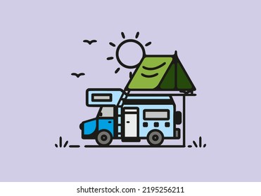 Camping with camper van line art illustration design