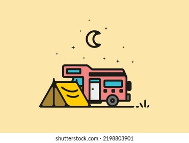 Camping with camper van line art illustration design