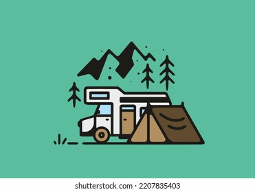 Camping with camper van line art illustration design