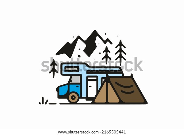 Camping with\
camper van line art illustration\
design
