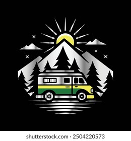 camping camper van with mountains and sun vector logo design template