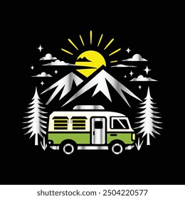 camping camper van with mountains and sun vector logo design template