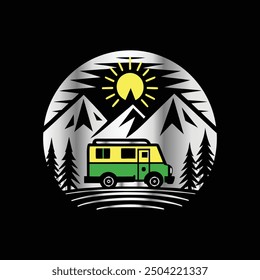 Camping camper van with mountains and sun vector logo design template