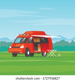 Camping, camper voyage. Flat design vector illustration.