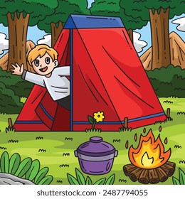Camping Camper Waving Inside Tent Colored Cartoon