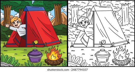 Camping Camper winken im Zelt Illustration