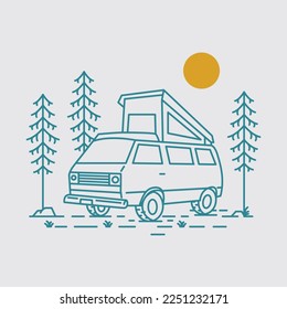 Camping with Campervan in the Woods Monoline Design for Apparel