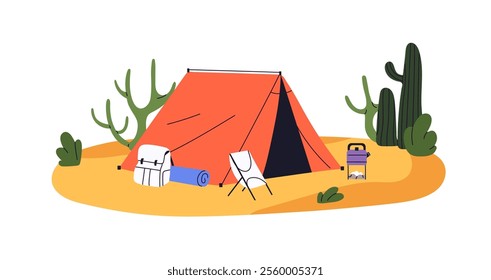 Camping with campfire for cooking in desert. Campsite, trekking tent among cacti. Campground for rest while hiking, travel in the wilderness. Flat isolated vector illustration on white background