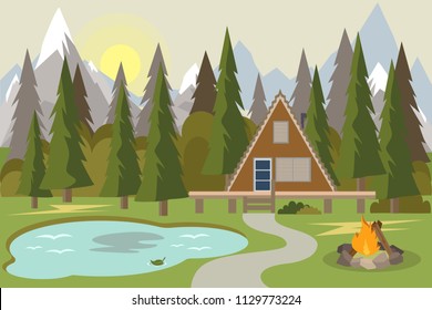 Camping with campfire. Forest Pine Wood Camping Beside Lake. Rock Mountain Camping Spot. House on forest with trees. House in the Woods with blue mountains vector Illustration.