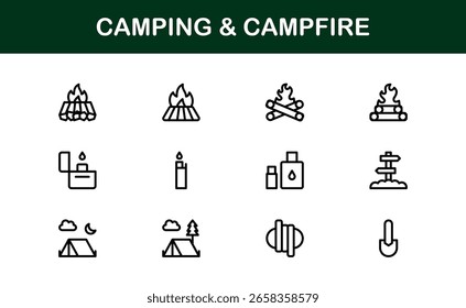 Camping and Campfire Icon Set in Vector Style Featuring Tents, Fire, Outdoor Gear, and Nature Symbols