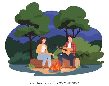 Camping with a campfire. A man and a woman warm themselves and rest by the fire at night. Active recreation in nature. Vector illustration