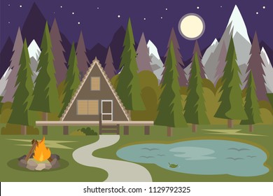 Camping with campfire. Night Forest Pine Wood Camping Beside Lake. Rock Mountain Camping Spot. House on forest with trees. House in the Woods with blue mountains vector Illustration.