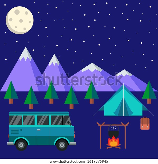 camping campfire\
tent in nature, full moon\
night