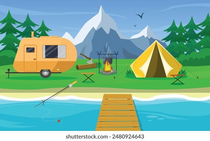 Camping with a campfire, tent and trailer on the background of mountains and forest. Fishing. Cooking on fire. Vector illustration.