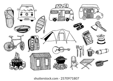 Camping. Campfire, tents, bike, camping car, canoe. Hand drawn vector isolated set.