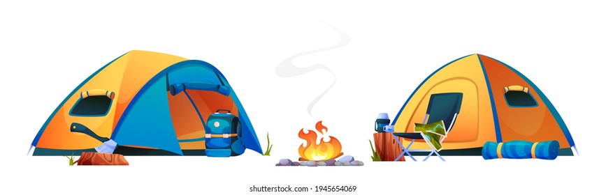 Camping, campfire tents, bonfire and tourist travel equipment isolated icons. Vector campsite with shelters, hiking and trekking tools, chair and kettle with mug on log. Ax and rucksack, sleeping mat
