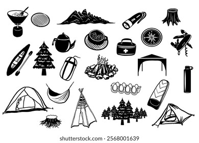 Camping. Campfire, tents, landscape, compass, canoe. Hand drawn vector isolated set.