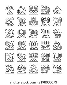 camping, campground simple line icon set vector illustration