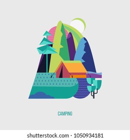 Camping. Campground in the woods. Summer outdoor recreation. Vector illustration. The emblem of tourism.