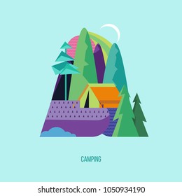Camping. Campground in the woods. Summer outdoor recreation. Vector illustration. The emblem of tourism.