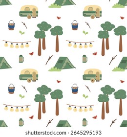 Camping, campsite seamless pattern, Trees, camper trailer, camping tent, camping cooking pot, lanterns, sticks. Forest textile