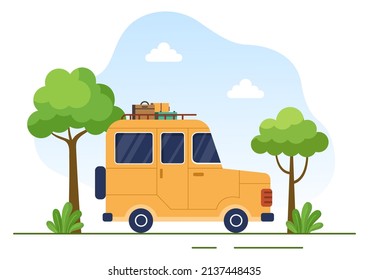 Camping Car Background Illustration with Tent, Camper Car and its Equipment for People on Adventure Tours or Holidays in the Forest or Mountains
