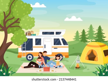 Camping Car Background Illustration with Tent, Camper Car and its Equipment for People on Adventure Tours or Holidays in the Forest or Mountains