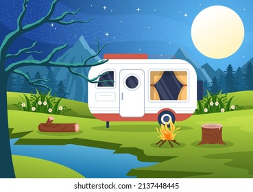 Camping Car Background Illustration with Tent, Camper Car and its Equipment for People on Adventure Tours or Holidays in the Forest or Mountains