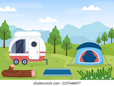 Camping Car Background Illustration with Tent, Camper Car and its Equipment for People on Adventure Tours or Holidays in the Forest or Mountains