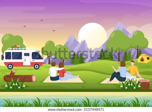 Camping Car Background Illustration with Tent,\
Camper Car and its Equipment for People on Adventure Tours or\
Holidays in the Forest or\
Mountains