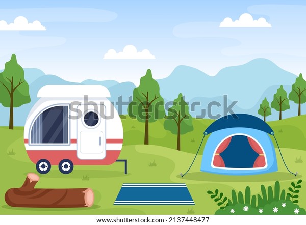 Camping Car Background Illustration with Tent,\
Camper Car and its Equipment for People on Adventure Tours or\
Holidays in the Forest or\
Mountains