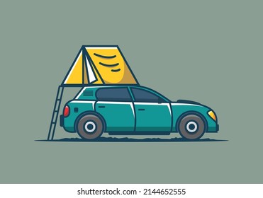 Camping with car flat illustration design