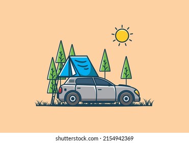 Camping with car flat illustration design