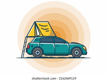 Camping with car flat illustration design