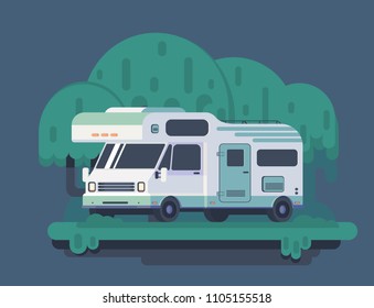 Camping car in forest. Mobile house on wheels. Vector flat illustration.